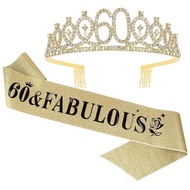 Casoty 60th Birthday Sash and Tiara for Women, Gold Crown 60 and Fabulous Sash & Crown Set, 60th Bir