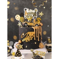 2022新年蛋糕裝飾黑金閃粉插牌紙杯圍邊跑車擺件金色星星蠟燭插件