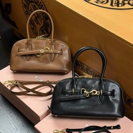 Muse Boston Bag Cowhide Bowling Bag Glossy Cowhide Brown Black Embossed Belt Buckle Boston Bag Bowli