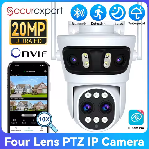 20MP WiFi PTZ Camera Three Screens 180° Wide Angle Auto Tracking 10X Digital Zoom Color Night Vision