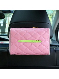 1入粉色極簡便攜式汽車PU皮革遮陽板，椅背掛式面紙袋，多功能汽車鑽石網格面紙收納盒