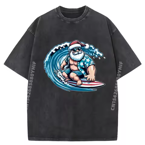 Santa Claus Hawaiian Surfing Christmas Aloha Tropical Xmas Mens Graphic Tshirts Funny Washed T-Shirt