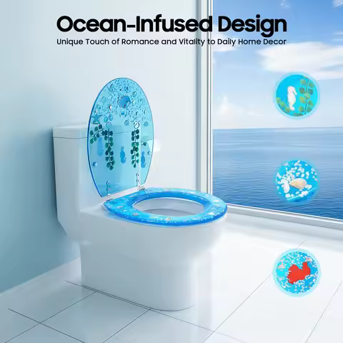 Resin Toilet Seat Load Capacity 100kg/220lbs, 36*45cm Blue Toilet Seat with Cover for U-, V- and O-s