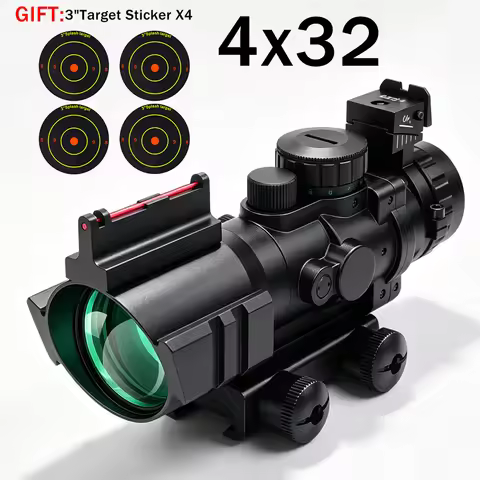 Tactical 4x32 Scope with Fiber Optic Sight RGB Tri Color Illumination Compact Riflescope Hunting Opt