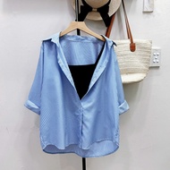 Women's Bigsize shirt SET, long-sleeved striped shirt with elastic ribbed t-shirt - SET (SM49+G118)