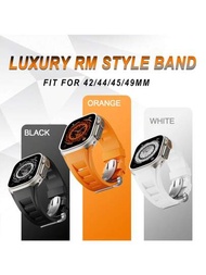 1個豪華男士RM手錶表帶，與蘋果手錶Ultra 2 /不錯49mm兼容，適用於Series 9/8/7/6/5/4/SE 45mm 44mm 42mm，運動液態矽膠帶蝴蝶扣