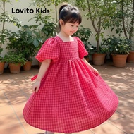 (trendy3)Lovito Kids Cute Dress Tie Back Colorblock Spring/summer Rose Red Dress for Girl LNL106122 