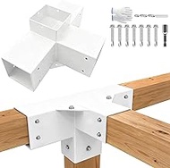 1 Pack 4-Way Pergola Brackets Kit,DIY Right Corner Woodwork White Brackets for 4" x 4" (Actual:3.5"x