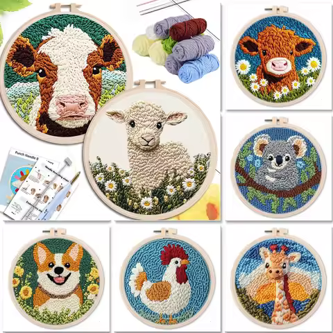 20x20cm Punch Needle Embroidery Starter Kits Cow Pattern for Adults Beginners Punch Needle Kits Easy
