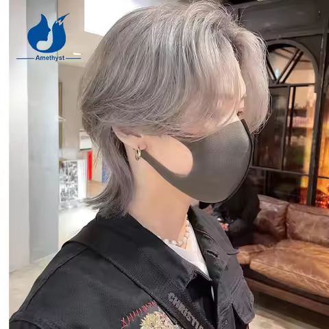Amethyst Grey Mullet Wig for Men 13x4 Lace Frontal Middle Part Natural Wave Short Wig Remy Human Hai