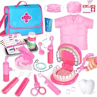 ULOVEME Pink Doctor Kit for Toddlers 3-5 with Costume - Dentist Kit for Kids with Teeth Model /Remov
