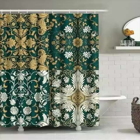 Classic European Style Shower Curtain Set Green Floral Embroidery Bathroom Decor for Home Decoration
