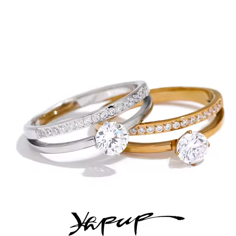 Yhpup Delicate Shiny Cubic Zirconia Stainless Steel Double Layer Classic Ring High Quality Women Gif