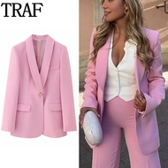 store TRAF Pink Long Blazer For Women Office Casual Blazer Woman Long Sleeve Elegant Women s Blazer