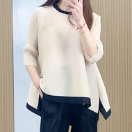 Authentic Issey Miyake Japan Pleated Jacket 2025 Summer New Womens Plus Size Round Neck Seven Short