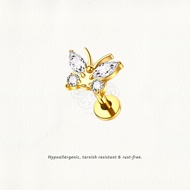 Nora Ana Gold Zircon Butterfly Threaded Stud Flatback Earring Titanium ASTM-F136 Surgical Implant Gr