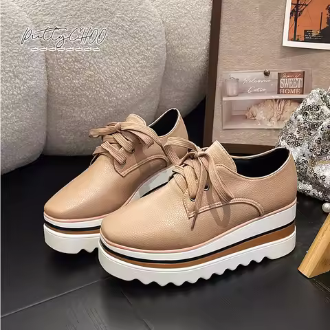 Nude Color High Platform Derby Shoes Woman Brand Design Strap Sole White Sneakers Ladies Casual Lace