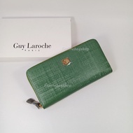 Guy Laroche กระเป๋าสตางค์ผู้หญิงใบยาวซิปรอบ สีเขียว หนังลายผ้า หนังแท้ อะไหล่สีทอง