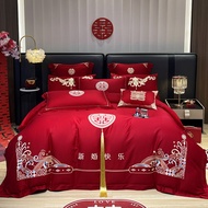 4 IN 1 Red Chinese Wedding Style Bedsheet Set Embroidery Thicken Brushed Bedsheet Set Queen King Siz