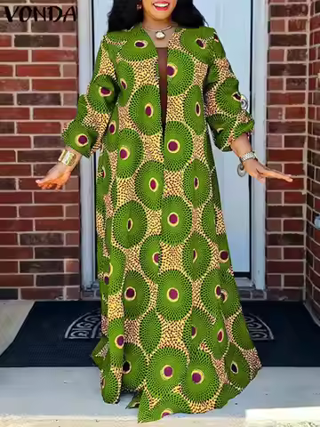 Plus Size 5XL VONDA Women Autumn Dress 2024 Printed Sundress Vintage Party Maxi Long Dress Beach Loo