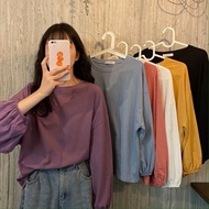 T-Shirt Blouse Women’s Bottoming Shirt Korean Casual Loose Round Neck Plain Lantern Long Sleeve Tops