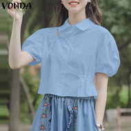 เสื้อผู้หญิงเสื้อติดกระดุมปกรูเเข็งเรียบง่าย VONDA (ลำลองเกาหลี)