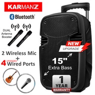 KARMANZ 15 inch Portable Trolley Speaker Amplifier Karaoke + 2 Wireless Mic