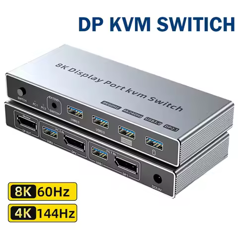 Displayport KVM Switch 2 in 1 out 8K@60Hz 4K@144Hz DP1.4 KVM USB3.0 Switch with 4 USB Port for 2 PC 