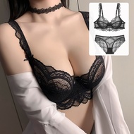Black Sexy Lingerie Set For Women Plus Size Floral Embroidery Mesh Lace Underwear Ultra Thin Transpa