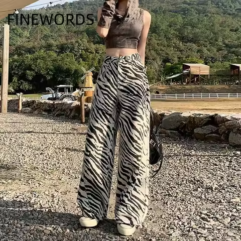 FINEWORDS Vintage Unique High Waist Zebra Stripe Jeans Streetwear Loose Wide Leg Jeans Easymatch Kor