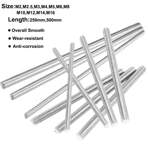 1pc 304 stainless steel full threaded rod M2-M20 rod stud bolt fastener threaded rod full metric thr