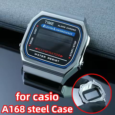 A168 Stainless Steel Metal Bezel Case + Strap Mod Kit for Casio A168–Custom Replacement Watch Band &