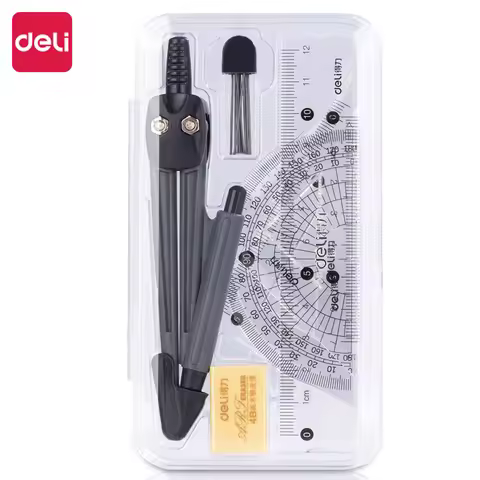 Deli Compass Set Mathematical Drawing Set Tool Professional Multifunctional Ruler School Supplies 7p