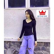 ( Xả kho bán lỗ ) Áo thun nữ cổ tim tay dài , áo thun trơn cotton đẹp, dễ mặc dễ phối đồ, mặc bốn mù