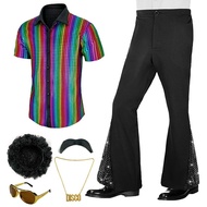 Mens 6Pcs 70s Disco Costume Outfits Short Sleeve Retro Shirt With Bell Bottom Pants