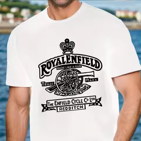 Classic Royal Enfield Motorcycle Gun Logo T-Shirt, O-Neck, Short Sleeve, Casual, Premium Biker, Retr