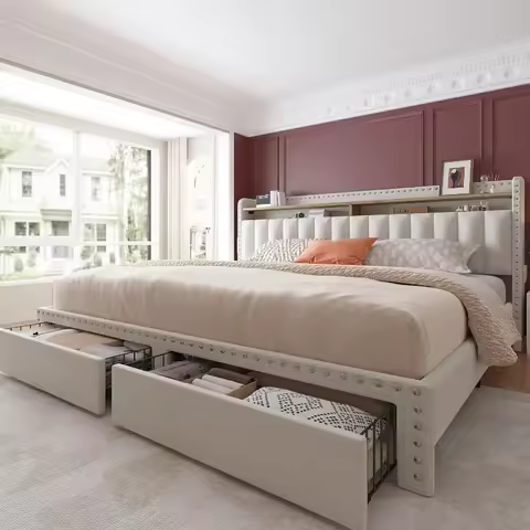 Upholstered King Size Bed Frame with Storage, King Size Bed Frame with 2 Drawers