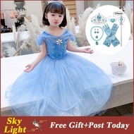 Disney Princess Elsa Blue Dress For Kids Girl Frozen Mesh Butterfly Dresses Party Wear Birthday Gift Kids Clothes Full Set