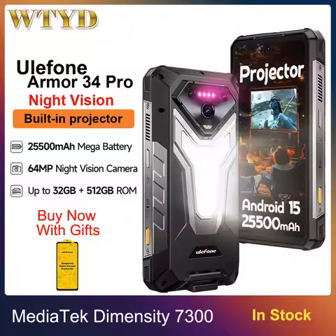 Ulefone Armor 34 Pro Projector Rugged Phone 16GB+512GB Night Vision 6.95'' Android 15 Dimensity 7300