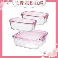 【iwaki】 日本耐熱玻璃微波保鮮盒三入組 500ml×2/1.2L 粉(原廠總代理)