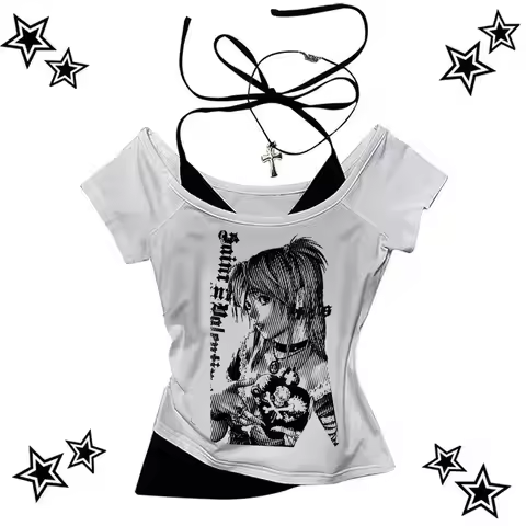Y2k Vintage crop top Aesthetic 2000s y2k gyaru shoujo girl style summer 2025 girls tees