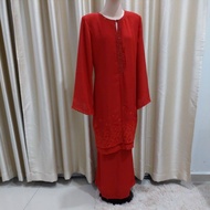 NEW ITEM BAJU KURUNG MODEN. RED CHILLI. CHIFFON EXCLUSIVE SULAM MANIK LABUCI. SAIZ 42. READY STOCK