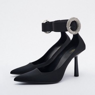 Zara2023 Spring New Style Women's Shoes Black Bright Buckle Clamping Classy High Heels Stiletto Pointed Toe Shoes Single Shoes Women