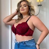 Plus Size Red Floral Lace Underwire Bra Scalloped Edge Full Cup Support Bra Adjustable Thin Straps B