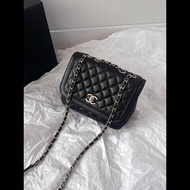 Chanel 黑金羊皮菱格大號方胖子 鏈條包