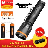 NICRON ไฟฉาย LED F51 เชื้อเพลิงคู่ 7W 600 ลูเมนโฟกัสไฟ LED 3 โหมดไฟฉายไฟฉายกันน้ำสำหรับ Out door EDC