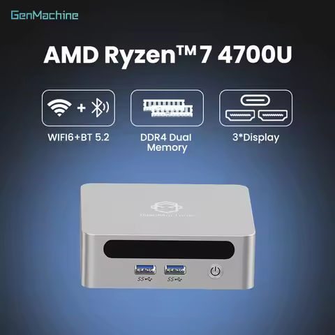 Genmachine AMD Ryzen 7 4700U Mini PC - 8C/16T Boost, 15W TDP 4K@60Hz, WiFi6, Ultra-Slim Gaming/Produ