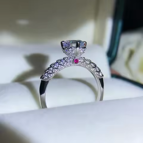 Women's White Gold AU585 Platinum PT950 14K Ruby Diamond Ring with Four Claws Moissanite One-Piece J
