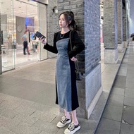 Dress Jeans Denim Longsleeve Slit Dress Import Midi Wanita Korea Style