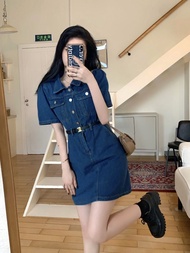 สั้น ผู้หญิง คอโปโล เดนิม เดรส ทรงเอ มินิ กระโปรง สูง เอว ขนาด XXS ฤดูร้อน เพศหญิง สไตล์เกาหลี เดรสร